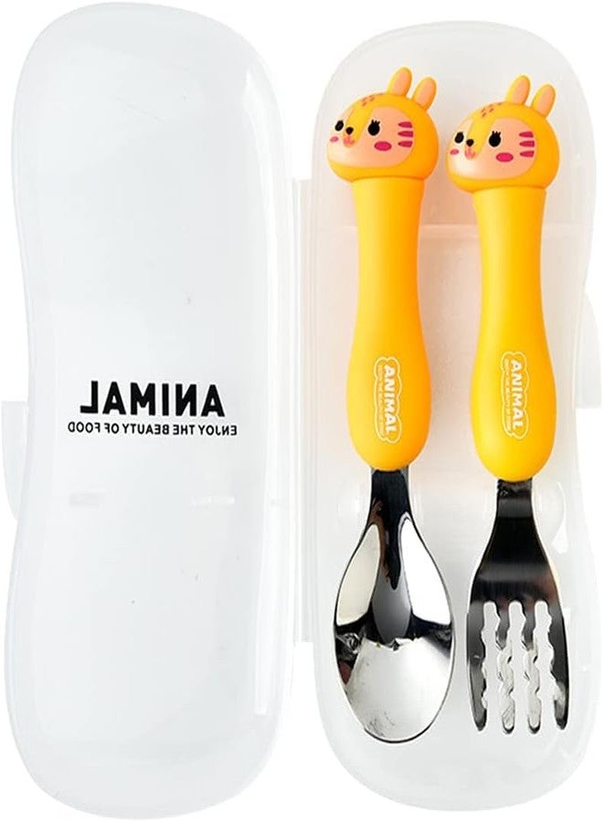 CherryBox Portable Children's Cutlery Set with Storage Case Fork and Spoon Stainless Steel Cartoon Shape (Yellow) - Image 1